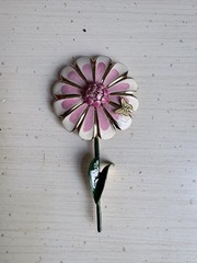 Vintage Enamel Brooch Pin Floral Pink Green Large Statement Flower