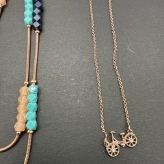Lot Of Fossil Signed Rose Gold Tone Necklaces And Bracelet Bike Fox Feather J150