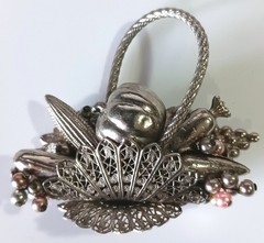 Unusual Ornate Silver-tone Vintage Harvest Veggie & Fruit Basket Brooch
