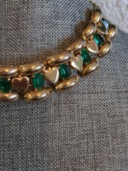 Vintage Heart Collar Link Necklace Faux Emeralds Valentine’s Day Necklace