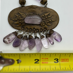 Vintage Artisan Amethyst Stone Polymer Clay Leather Statement Pendant Necklace