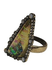 Vintage Fire Faux Opal Iridescent Triangle Blue/Black Gold Tone Ring 6.5