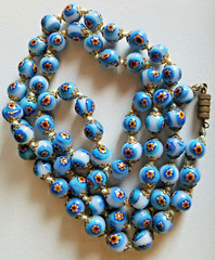 Vintage Murano Millefiori Glass Bead Necklace 28″ Long Venetian Blue Flower