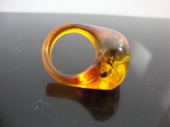 Vtg Unique Pressed Amber Lucite with Insect Ring 6.75US