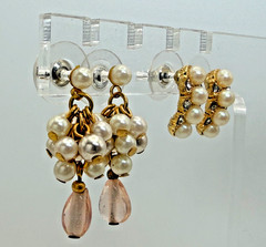 2 Pairs of Vintage Faux Pearl Earrings Cluster Drop Pink Glass Bead Gold Tone