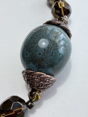 Vintage Necklace Large Blue Green Ceramic Beads, Crystal, Copper Findings 27”