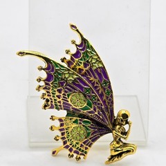 Enamel Fairy Brooch Pin Purple Green Gold Tone Fantasy Winged Figural Costume
