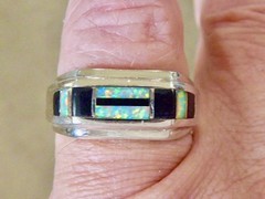 VINTAGE STERLING SILBER ONYX OPAL BAND RING SIZE 8.5 MAN MADE OPAL RING