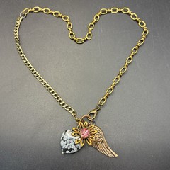 Vtg Brassy Bronzy Necklace & Charms of Mixed Metals: Heart, Flower, Angel Wing