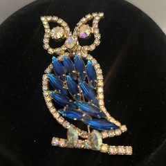 Large Vintage Figural Blue and Aurora Borealis Rhinestone Owl Bird Brooch Pin