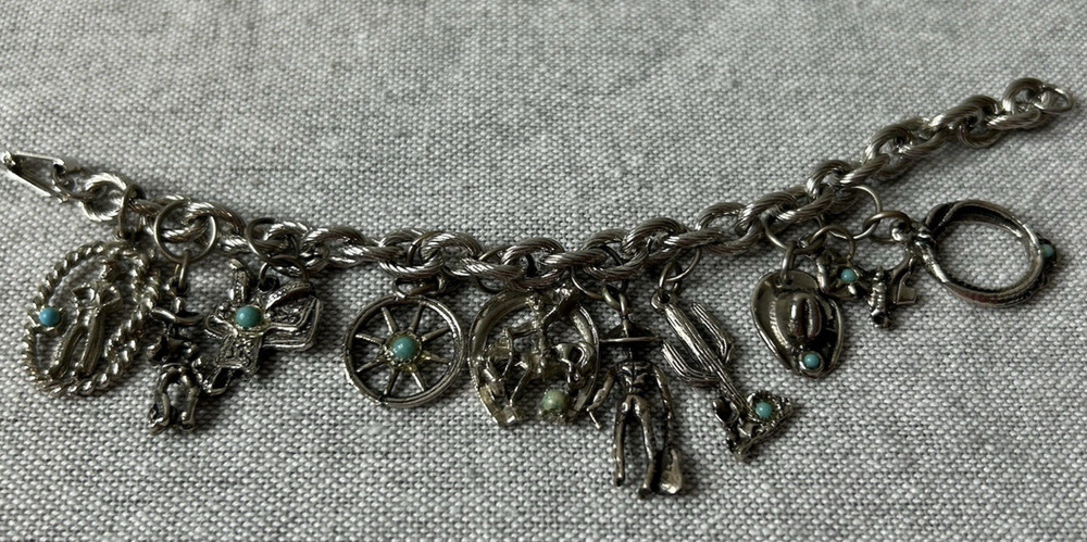 Vintage Cowboy Western Theme Charm Bracelet Silver Tone with Blue Stones