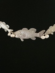 Repousse Silver Tone FISH Choker Necklace w Pearls 17 inches Scarce