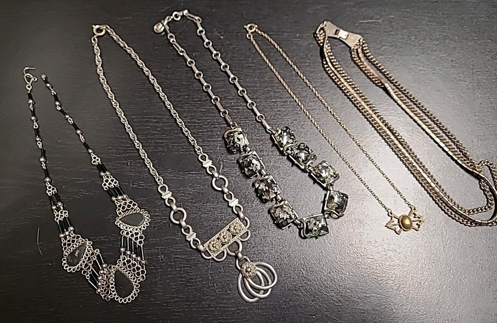 Lot Of 5 Vintage Unbranded Choker Style Necklaces Silver Tone Rhinestones