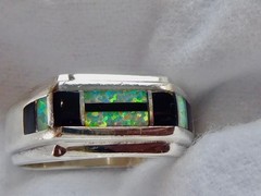 VINTAGE STERLING SILBER ONYX OPAL BAND RING SIZE 8.5 MAN MADE OPAL RING