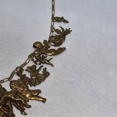 VINTAGE BRASS CHAIN NECKLACE W/21 LOVE CHARMS CUPIDS ANGELS FAIRIES