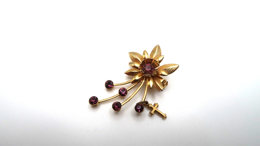 Vintage Gold Cross Purple Flower Pin Brooch 4.5cm BB13