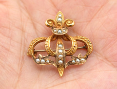 Antique 14K Gold Fleur De Lis Seed Pearl Brooch Pin & Pendant 3.1g