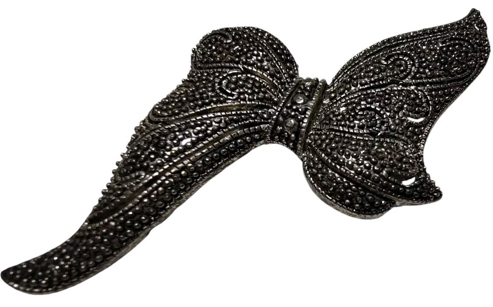 Vintage Marcasite Bow Brooch Silver Tone Large Pin Granny Core 2.5 x 2.5 in
