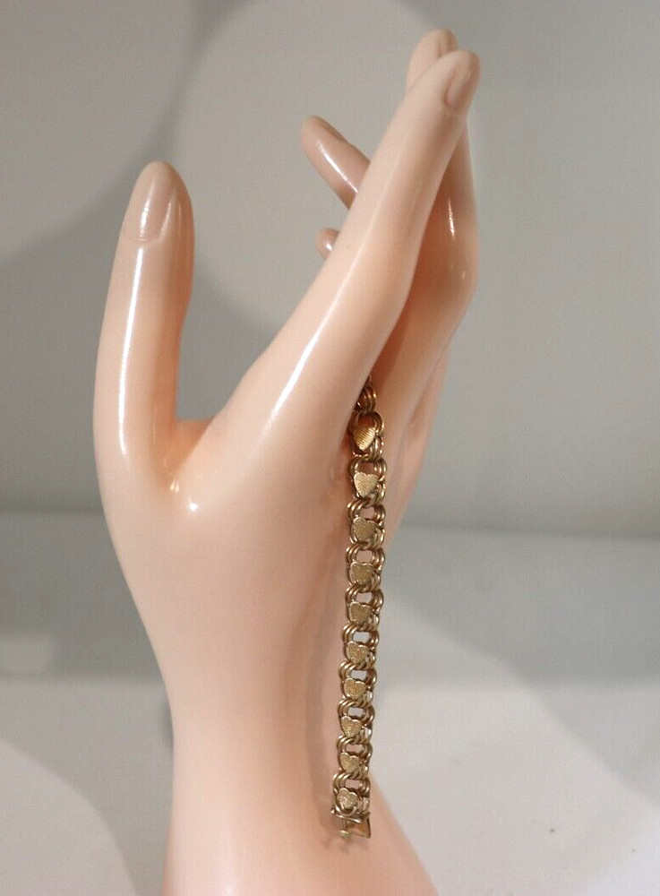 Vintage 12k Gold Filled Textured Heart Charm Bracelet c1960s Marathon USA made