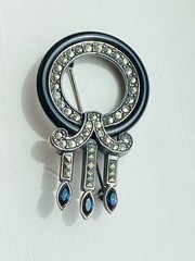 VINTAGE 925 STERLING SILVER ONYX SAPPHIRE MARCASITE ART DECO BROOCH PIN 11-GRAMS