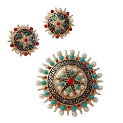 Retro Brooch & Earrings Set Gold Tone with Red & Turquoise Accents Enamel Simula