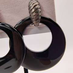 VintageBlack Onyx Door Knocker Earrings Hoops Omega Back Silver Tone 80s 90s