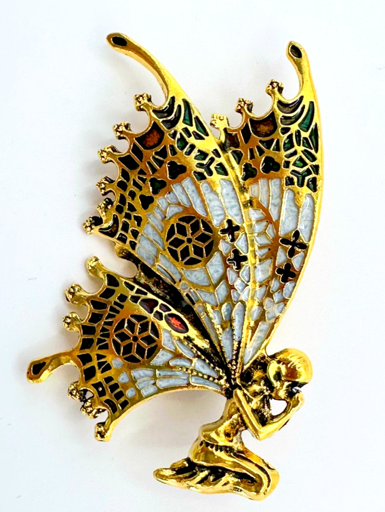 Gold Tone & Multicolor Enamel Fairy With Butterfly Wings Brooch Contemporary