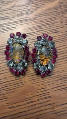 Vtg Juliana D&E Book Piece Cat Eye Glass Cabochon Earrings Red Clear Silver Clip