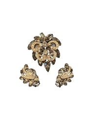 Large WEISS Smoky Gray Clear Crystal Rhinestone Brooch & Clip Earrings SET