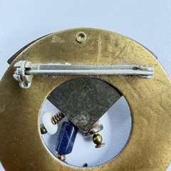 Round Vintage BROOCH Modern Stylish Blue Metal & Stone Carnelian Bronze Brass