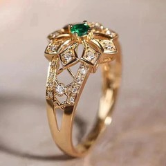 Art Deco Style Round Emerald Lab Created Diamond Engagement 14K Gold Finish Ring
