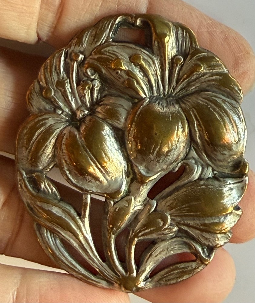 Vtg Art Nouveau Lily Flower Large St Anthony Religious Silver Copper Oval Brooch