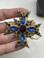 Amazing Vintage Byzantine Mogul Maltese Cross Pin Glass Emerald Ruby 2.5”