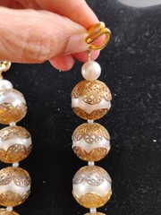 Vtg Big Faux Filigree Pearl Necklace Signed CRAFT Rose Gold Tone Rhinestone Bow