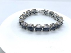 Vintage 90s Silver Tone Black Glass Square Link Bracelet Boho Fashion Jewelry