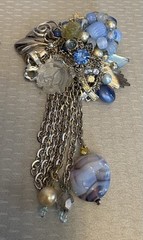 80s Vintage Signed Joe Gladish Brooch Glass Flower Beaded Rhinestone Chains 4.5″
