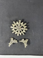 Vintage 50-60s Snowflake Atomic Starburst Brooch & Clip Earrings Set Rhinestones
