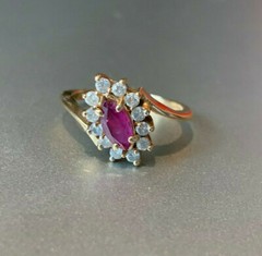 VINTAGE 14K YELLOW GOLD RED NAVETTE MARQUISE CUT GENUINE RUBY AND DIAMONDS RING