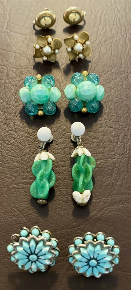Vintage Estate Clip Ons Screw Back Earrings Lot 5 Pairs Glass Cameo Faux Pearl