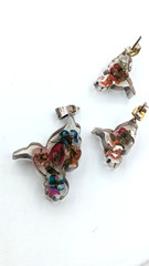 Vintage Pendant Earring SET Hummingbirds Sterling Silver Dried Flower