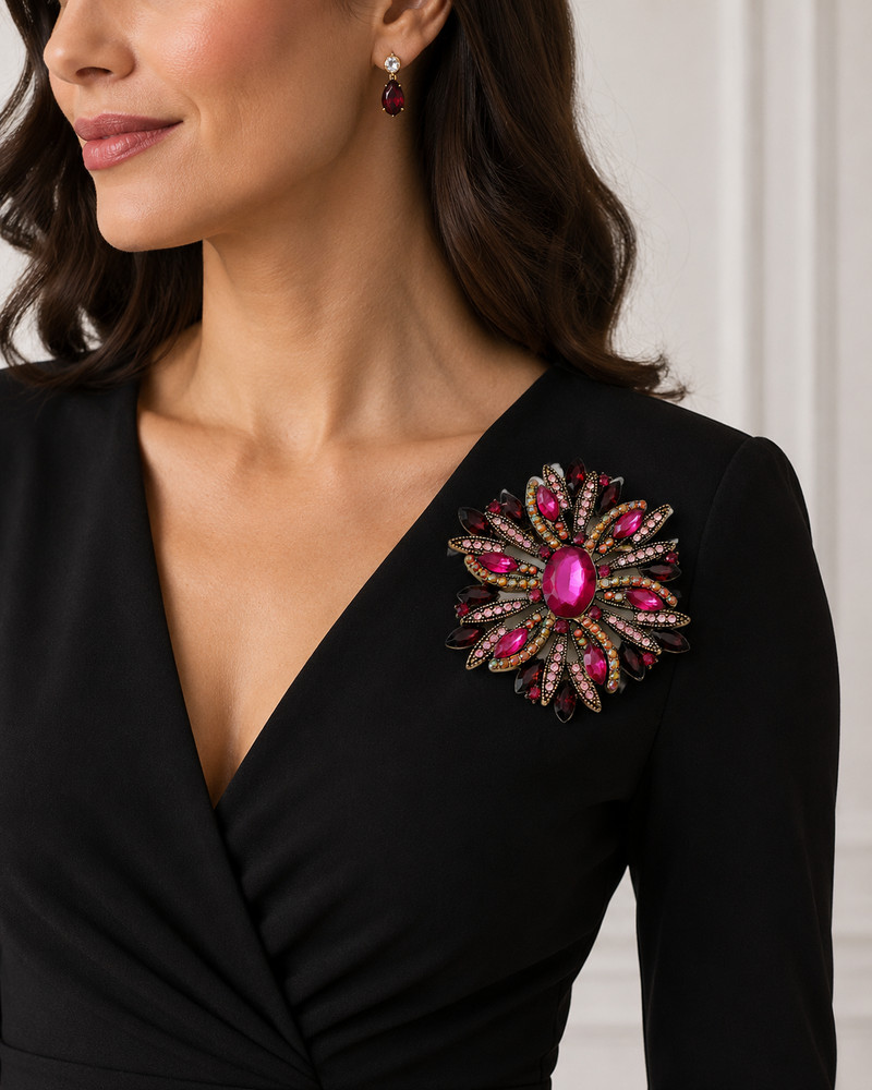 Fuchsia Burgundy Rhinestone Statement Brooch, Gold Tone Floral Starburst Pin