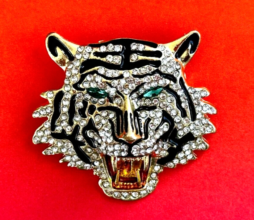 Gold Tone Black Enamel & Rhinestones Tiger Face Brooch Contemporary