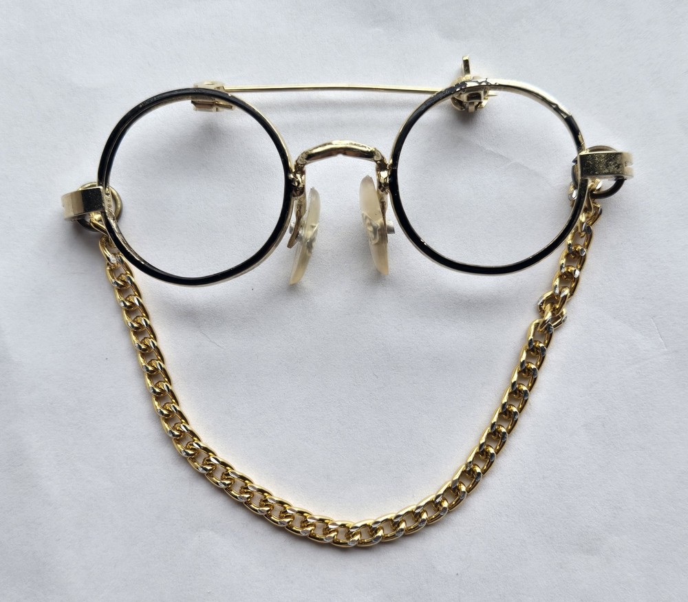 Vintage Gold-Tone Pince-Nez Eye Glasses Brooch w/ Chain