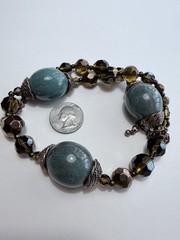 Vintage Necklace Large Blue Green Ceramic Beads, Crystal, Copper Findings 27”