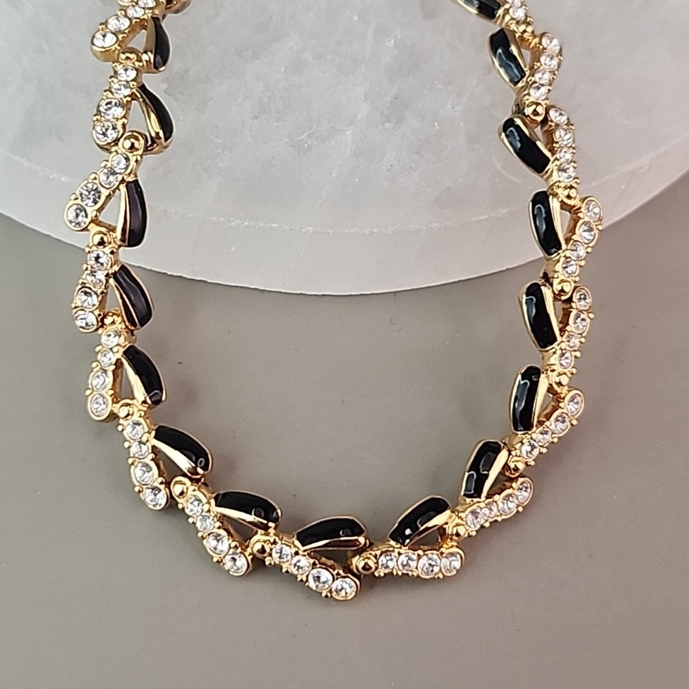Vintage Swarovski Necklace Black Enamel Clear Crystals Gold Tone 17″