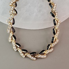 Vintage Swarovski Necklace Black Enamel Clear Crystals Gold Tone 17″