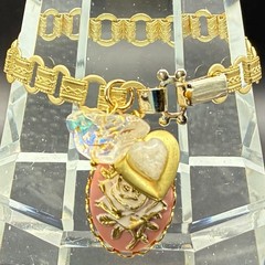 Charm Trio: Rose, Czech Glass Bird, Locket on New Victorian Book Chain Bracelet