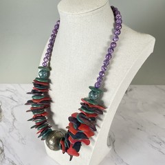 Vtg Bohemian Bright Multicolor Wood Bronze Statement Necklace 21″ Tribal Ethnic