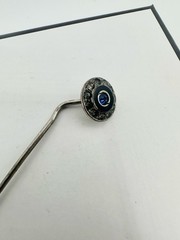 Antique Silver Tone Hat Stick Pin White Blue Glass Stones Unsigned Estate Read
