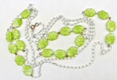 Vtg Flapper Length Poured Glass Gripoix Bead Lime Green Flower MCM Long Necklace